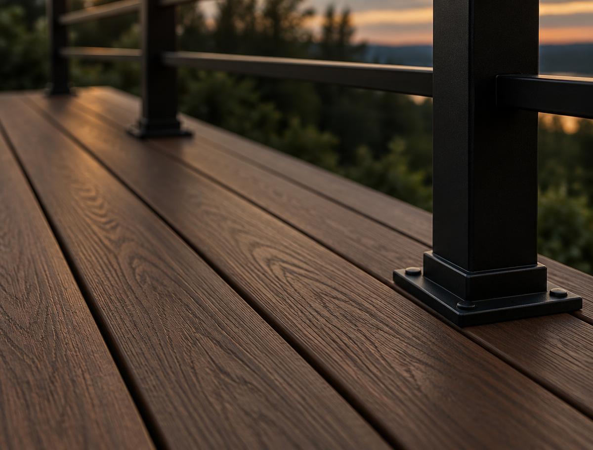 Close-up of composite decking boards and a black railing post