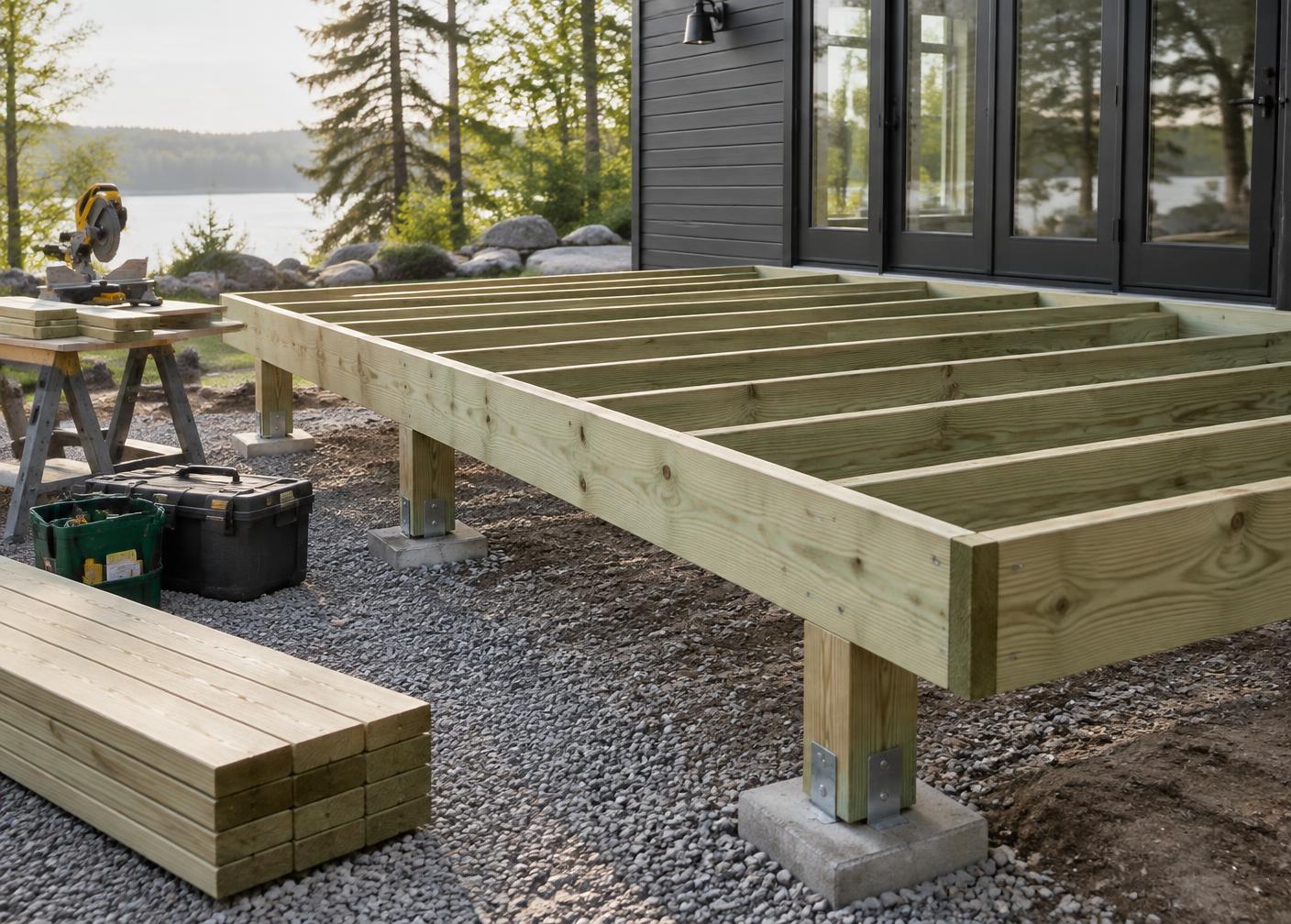 A tidy deck framing job site with organized tools